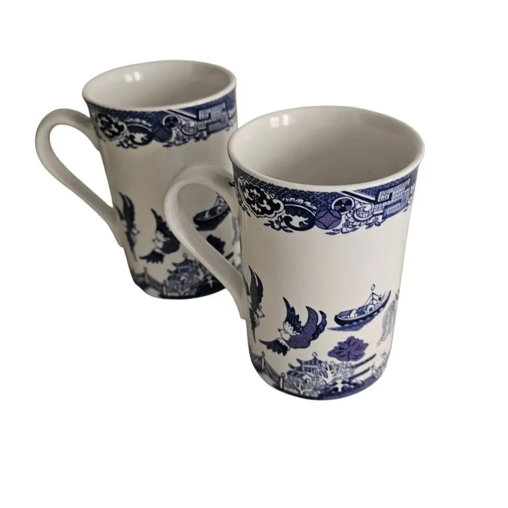 Royal Cuthbertson Blue Willow Mugs Set of 2 Blue White China